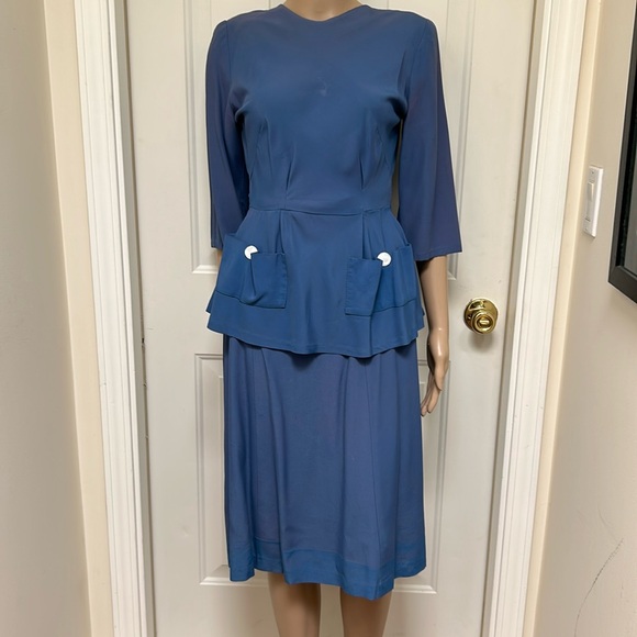 VTG Women's 40s Blue 2 Piece Top & Skirt Set 1940s Dress Suit Peplum Outfit - Picture 1 of 10